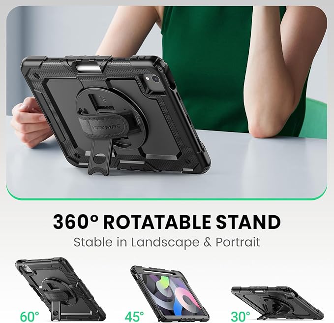 SEYMAC Case for iPad Air 5th/ 4th Generation 10.9 Inch, Full-Body Shockproof Protective Case with Screen Protector, Rotating Stand/Handle/Shoulder Strap/Pencil Holder for iPad Air 5/ Air 4, Black