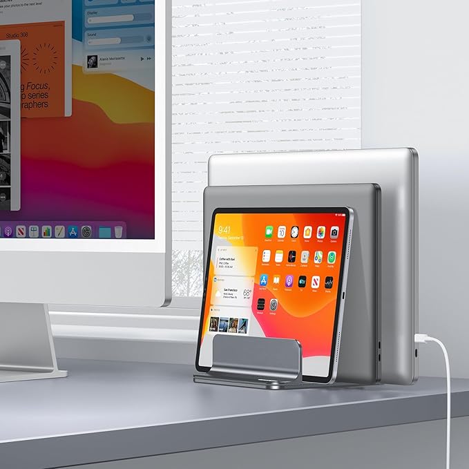 OMOTON Vertical Laptop Stand [Updated 3-Slots Version], Desktop Aluminum Mac Book Stand with Adjustable Dock Size, Fits All Mac Book, Surface, Chrome Book and Gaming Laptops (Up to 17.3 inch), Grey