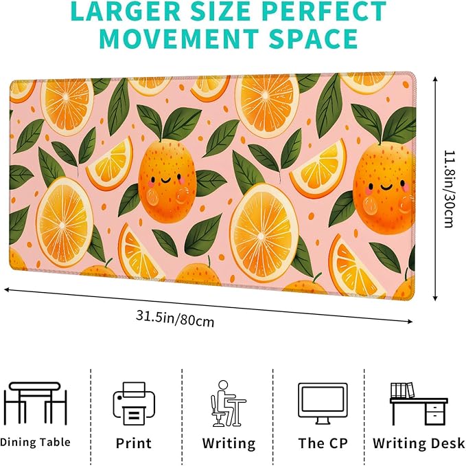 Smiling Orange Gaming Mouse Pad – 12x31.5in Non-Slip Rubber Desk Mat with Cute Citrus Design – Large Extended Mousepad for Office Home – Deskmat Gifts for Food and Kawaii Lovers Decor
