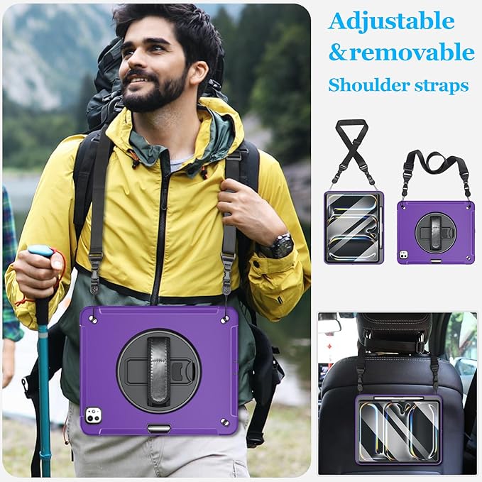 Case for iPad Pro 13 Inch M5 2025/ M4 2024: Military Grade Cover for iPad Pro 13" with Screen Protector - Stand - Handle - Shoulder Strap - Pencil Holder- Purple