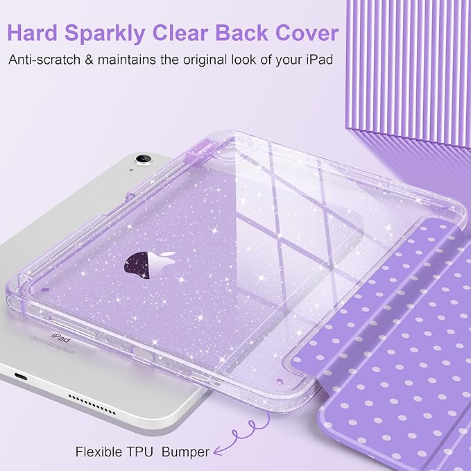 DONGKE for iPad Pro 11 inch Case – Fits M5 2025 / M4 2024, Shockproof Sparkling Glitter Acrylic Back, Pencil Holder, Trifold Stand, Auto Sleep/Wake & Touch ID Support - Purple Polka Dot