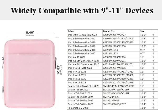TiMOVO 9-11" Tablet Sleeve Bag for iPad 11-inch A16 2025, iPad 10.9"/10.2"| Air 11 Inch/5th/4th Gen. 10.9", Galaxy Tab A9+/A11Plus 11", Protective Bag Fit Smart Keyboard, Pink
