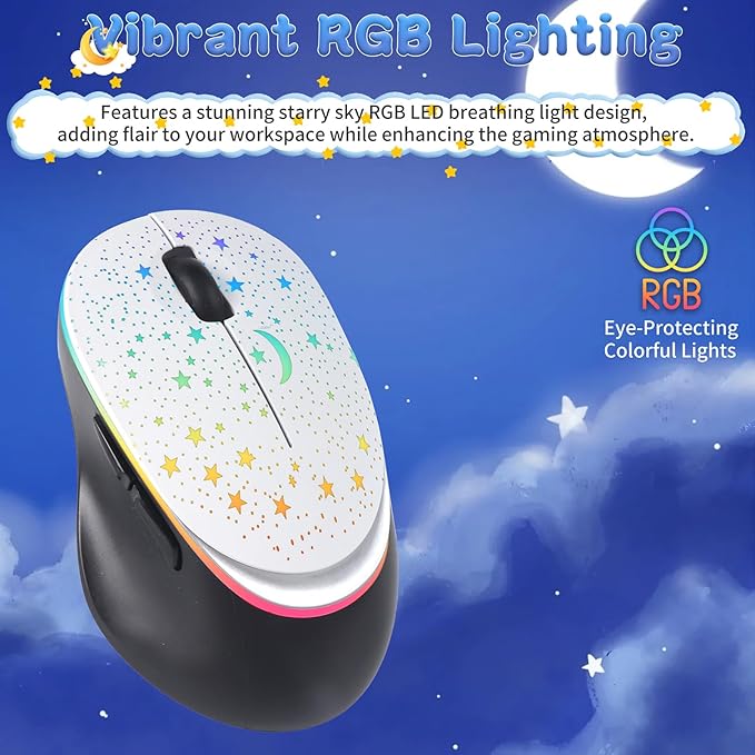 elec Space Bluetooth Wireless Mouse with Starry Sky RGB Backlight& Gradient Breathing Light - Ergonomic Dual Mode Rechargeable Mouse, Type-C Charging - Perfect for Office, Gaming & Travel (White)