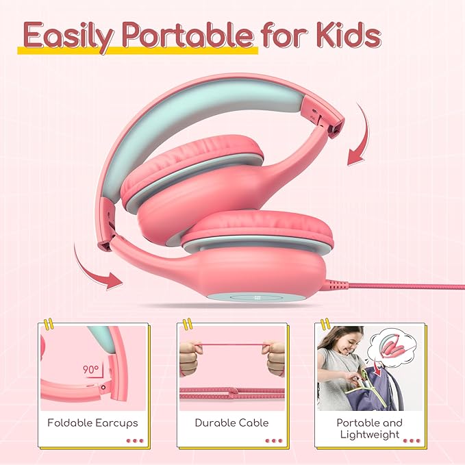 EarFun Kids Headphones Wired with Microphone, 85/94dB Volume Limit Headphones for Kids, Portable Wired Headphone with Shareport, Stereo Sound Foldable Headset for School/Tablet/iPad/Kindle Pink
