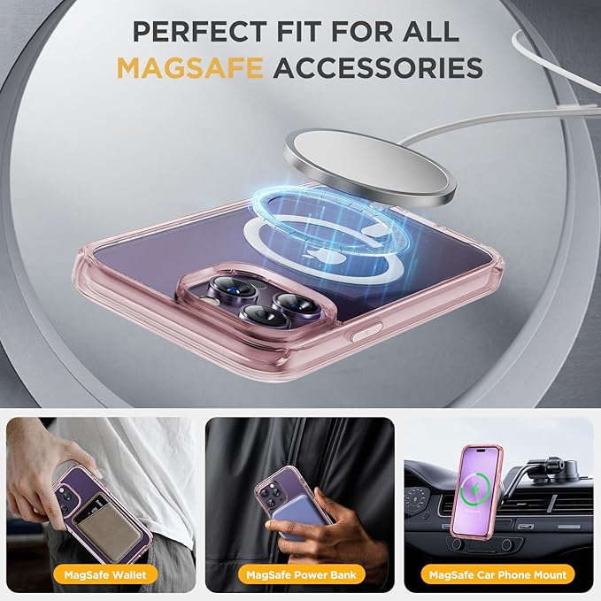 Miracase Magnetic Designed for iPhone 14 Pro Max Case 6.7 inch (Compatible with MagSafe) Upgrade Full-Body Clear Phone Bumper Case with Built-in 9H Tempered Glass Screen Protector, Magnetic Clear Pink