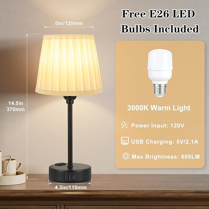 White Bedside Lamps for bedrooms Set of 2 - White Pleated Lamp Shade with USB Charging Ports, Touch Lamps for Nighstand, Night Stand Lamp for Dorm/Office/Living Room/Class Room