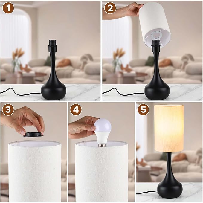 Mid Century Modern Droplet Table Lamp,Touch Control & 3-Way Dimmable,No Assembly Required Cylinder Shade,Black Vintage Farmhouse Bedside Lamp for Bedroom,Nightstand,Living Room,Office