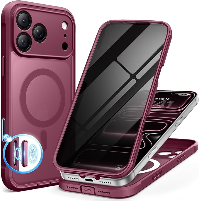 BERFY for iPhone 17 Pro Case, Compatible with MagSafe, Built-in Privacy Screen Protector, Camera Protection, Shockproof Full Body Phone Case 6.3", Translucent Red