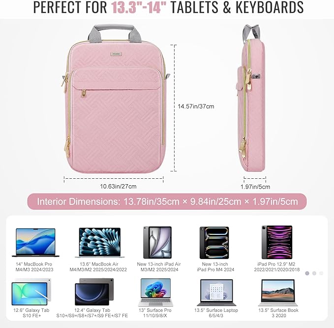 MoKo 13-14 in Puffer Laptop Sleeve Bag for 13-inch New Mac Air M5/Neo A18 Pro, 14-inch Mac Pro M5/M4/M3/M2/M1, 13.8“ Surface, Puffy Laptop Carrying Case with Handle & Shoulder Strap, Pink
