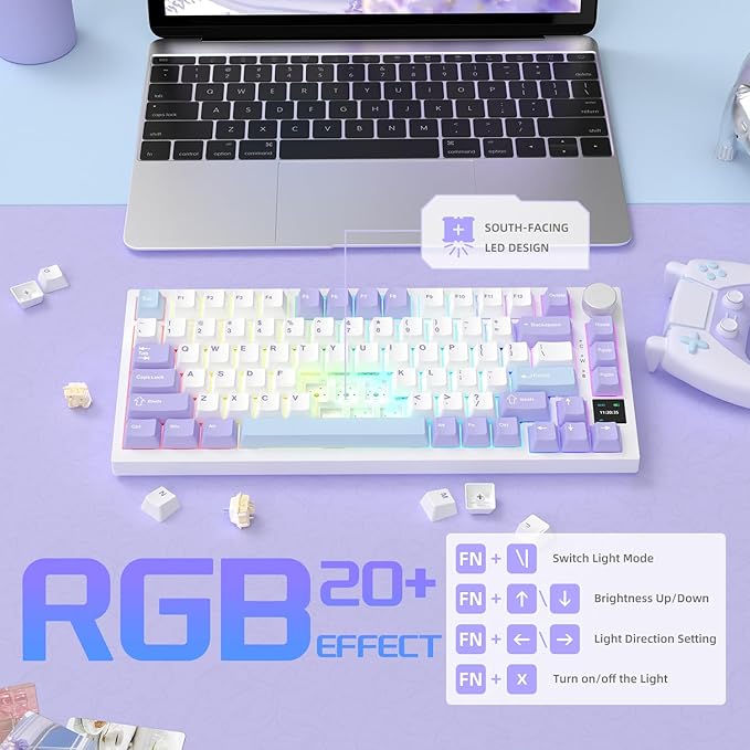 Attack Shark ajazz AK820 Pro Wireless Mechanical Gaming Keyboard TFT Display &Knob Hot Swappable Bluetooth 5.1/2.4G hz/Type-C Gasket-Mounted RGB Backlit Custom Keyboard for PC/Win(Purple/Gift Switch)