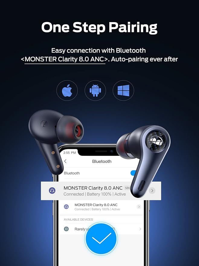 Monster Clarity 8.0 Hybrid Active Noise Cancelling Wireless Earbuds, 42dB in-Ear ANC Earphones Deep Bass with 6 Mics, Bluetooth 5.2, 50H Play Time with Wireless Charging Case，Blue