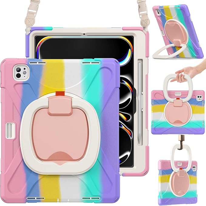 BRAECN for iPad Pro 13 Inch Case (M5/M4) 2025/2024, Heavy Duty Shockproof Silicone Cover with Multiple Adjustable Viewing Angles, Kickstand, Built-in Pencil Holder, Shoulder Strap, Colorful Pink