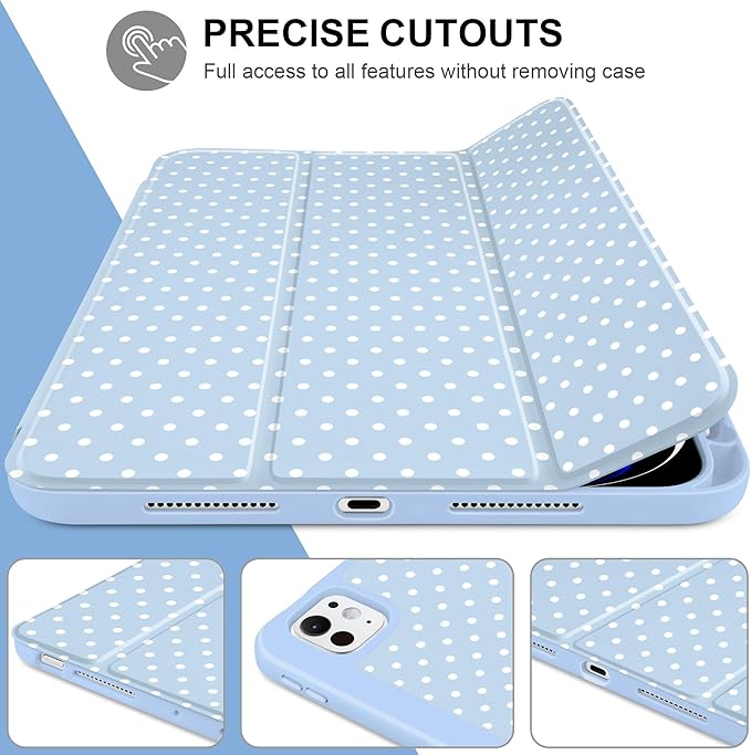 MEEgoodo Case for M5 iPad Pro 11 inch 2025/M4 iPad Pro 11 inch Case 2024, Tablet Cover with Trifold Stand & Pencil Holder & Auto Wake/Sleep & Soft TPU Back Cover, White Polka Dot & Blue