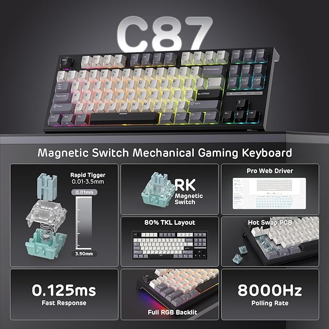 RK ROYAL KLUDGE C87 HE Rapid Trigger Gaming Keyboard, 75% TKL Wired RGB Mechanical Keyboard, Hall Effect Magnetic Switch Keyboard w/Actuation Point Adjustable, 8K Hz Polling Rate, for FPS Gamer