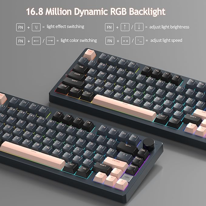 MageGee LIGHT75 Wireless Creamy Keyboard, Tri-Mode Bluetooth/2.4GHz/USB-C RGB Backlit, Gasket Hot Swappable Custom Gaming Keyboard for Win/Mac/PC, with Knob, 4000mAh Battery, Grey
