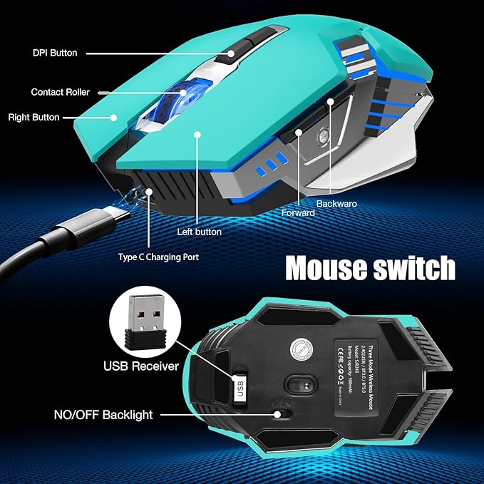 Bluetooth Gaming Mouse, RGB Rechargeable USB Wireless Mouse, Quiet Click, LED Backlit, Ergonomic, with Side Button, 6 Button, DPI Adjustable, Computer Mice for Laptop PC MacBook Chromebook - Green