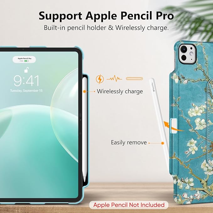 Fintie Rotating Case for iPad Pro 13-inch (M5) 2025 / (M4) 2024 with Pencil Holder - 360 Degree Swiveling Protective Stand Cover with Auto Wake/Sleep, Blossom