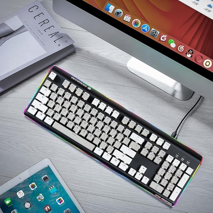 Hexgears GK735 Wired Full Size Mechanical Keyboard, Aluminum Housing Built for Gamers w/Kailh Box White Switch, White Backlit + Surrounded by RGB Light Strip, 104 Keys Gaming Keyboard for PC/Mac