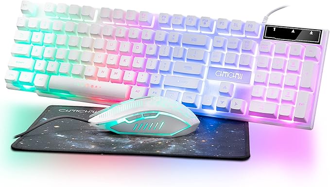Gaming Keyboard and Mouse Wired CHOCNHOW White Keyboard Rainbow Backlit,Light Up Keys, Multimedia Keys, Waterproof Compatible with PC Laptop Xbox Ps4/Ps5 Work/Gamer