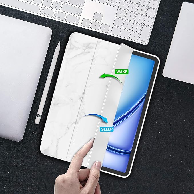 iMieet iPad Air 11 Inch Case M4/M3/M2(2026/2025/2024), iPad Air 5th/4th Generation Case 2022/2020 10.9 Inch with Pencil Holder,Trifold Stand Smart Case with Soft TPU Back(New Marble White)