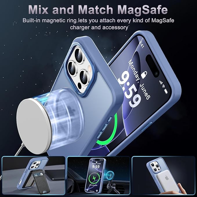 Newfuture Designed for iPhone 16 Pro Max Case with Magnetic [13 FT Military Drop Protection] [Compatible with Magsafe] Slim Translucent Matte Shockproof with Anti-Fingerprint Phone Case, Light Blue