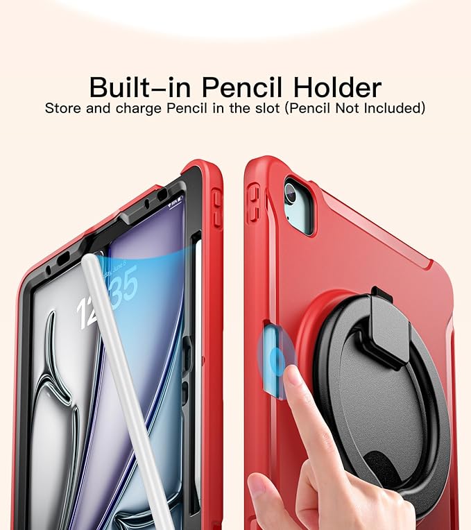 BATYUE Shockproof Case for iPad Air 11" M2/M3/M4, Air 4/5 10.9", iPad Pro 11" 1st-4th Gen 2018-2022 | 360° Multi-Angle Stand (Portrait & Landscape) & Grip, Built-in Pencil Holder, Red