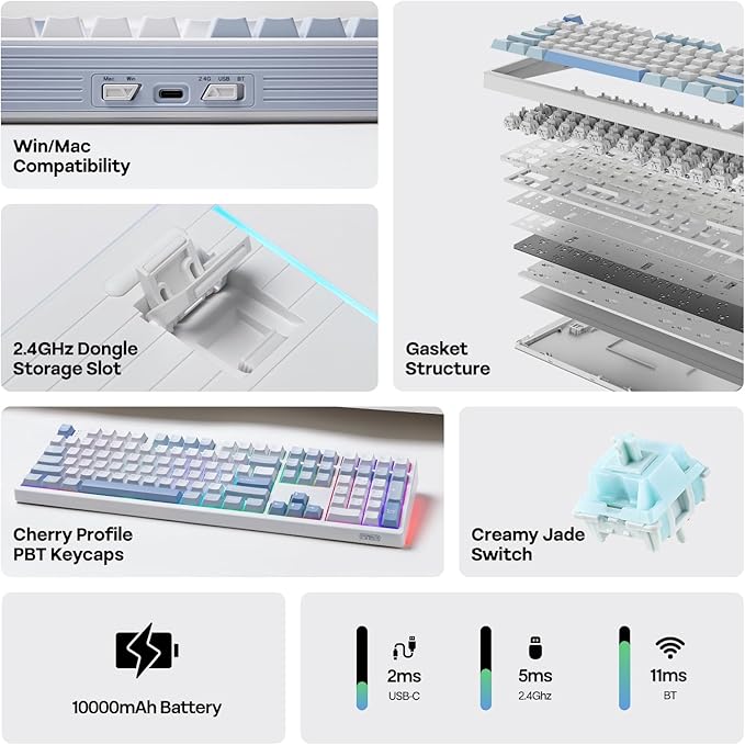 EPOMAKER TH108 Full Size Mechanical Keyboard, Wireless Gaming Keyboard with 8000mAh Battery, Creamy Gasket, 108 Keys, Hot Swap, Custom Driver, RGB Backlight (Blue&White, Creamy Jade)