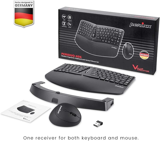 Perixx PERIDUO-606 Wireless Mini Ergonomic Keyboard with Portable Vertical Mouse - Adjustable Palm Rest Stand - Membrane Low Profile Keys - US English