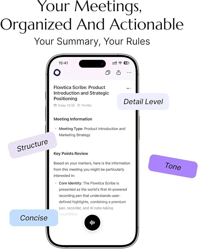 Flowtica Scribe AI Voice Recorder, App Control, Transcribe & Summarize, HiFi Audio with Noise Cancellation, Background Auto-Sync, Note Taker for Meetings & Lectures, Ultra-Slim, Pogopin Cable Included
