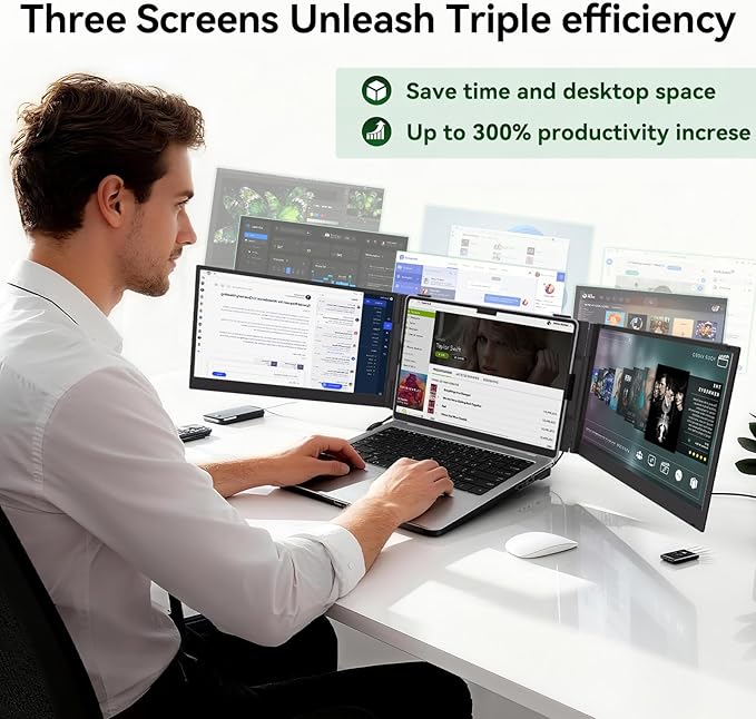 14" Triple Laptop Screen Extender, Ultra-Thin Lightweight FHD 1080P IPS Portable Monitor, Extended Dual Screen for Laptops 13-17.3" Compatible with Wins Mac Chrome Dex Phone Travel Work
