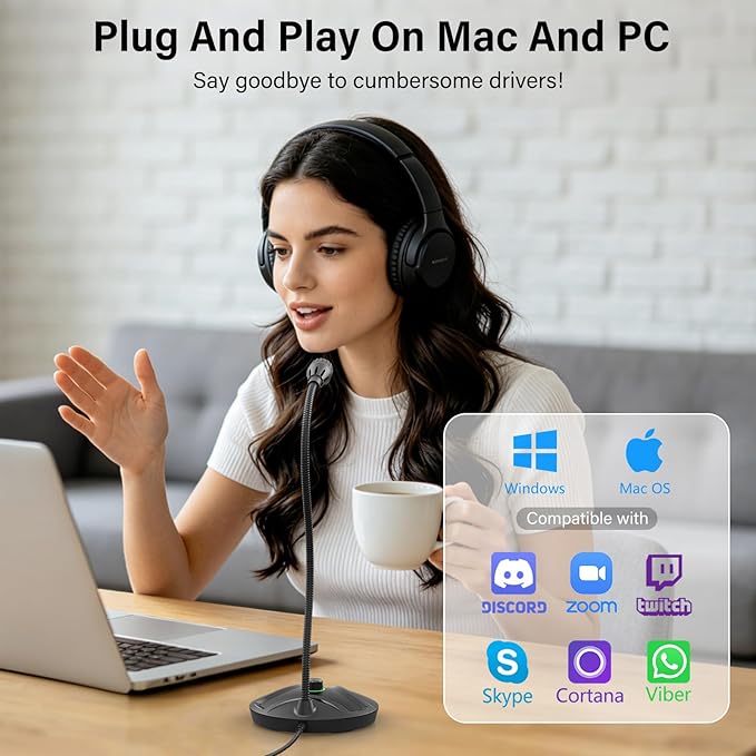 USB Computer Microphone, Plug & Play Desktop Condenser Mic for PC & Gaming with Volume Knob and One-Touch Mute Button, Compatible with Windows/Mac, Ideal for YouTube,Streaming(Black)