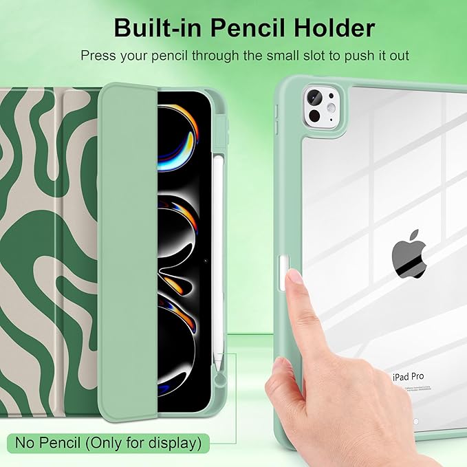 TWOLSKOO Case for iPad Pro 11-inch (M5 2025 / M4 2024), Clear Acrylic Back with TPU Bumper, Pencil Holder, Trifold Stand, Auto Sleep/Wake, Green Waves