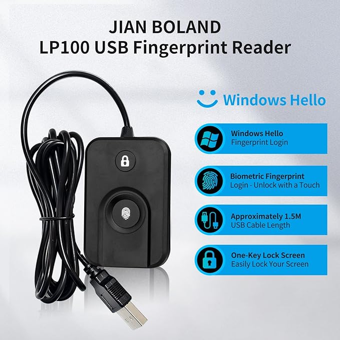 USB Fingerprint Reader for Windows10/11, Windows Hello Fingerprint Reader One-Click Lock Screen,Auto Driver Setup with 5ft Cable-Windows Password-Free Login