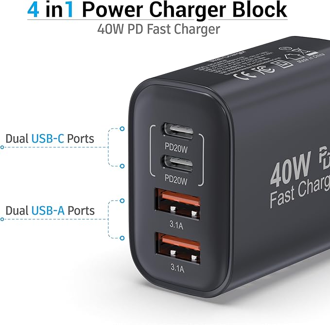 TT&C 40W USB C Charger Block, 4-Port Fast Charging Block (2 USB-C + 2 USB-A), Compact Multi-Device Wall Plug Adapter for iPhone 17,16,15,14, Pro Max, Samsung Galaxy S24/S23 Travel & Home (Black 1Pack)