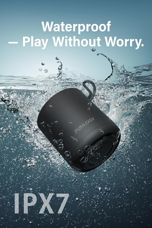 FUNLOGY Portable Mini2 Bluetooth Speaker, Wireless Portable Speaker with Deep Bass, IPX7 Waterproof, TWS Stereo Pairing, Built-in Mic, Small Speaker for Shower, Outdoor, Travel, Black