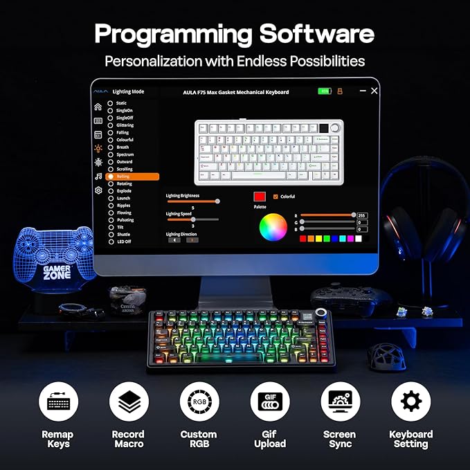 EPOMAKER X Aula F75 MAX Wireless Mechanical Keyboard with TFT Screen and Knob, Gasket Keyboard in 75% Layout, Hot Swappable Gaming Keyboard for PC/Mac/Linux (Matte Black)