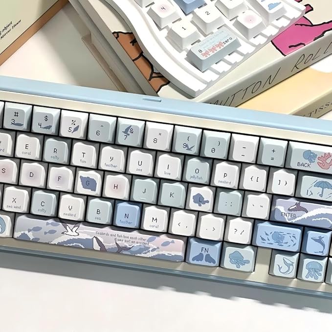 Blue White PBT Keycaps-Ocean Theme Keycaps 60 75 100 Percent, Cute Key caps Custom 118 Keys, Cherry Profile for 61/68/84/87/98/100 Cherry Gateron MX Mechanical Gaming Keyboards