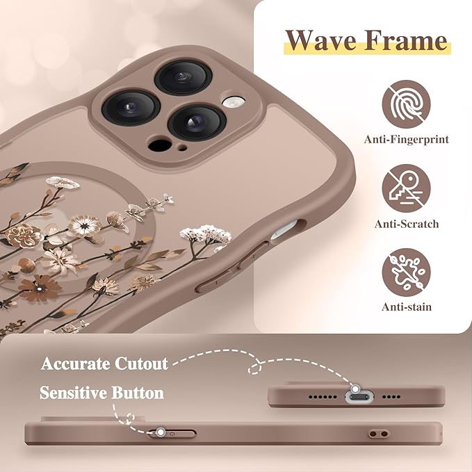 GVIEWIN for iPhone 14 Pro Max Case Compatible with MagSafe [Curly Wave Edge][Full Camera Protection] Floral Translucent Shockproof Magnetic Women Phone Case for 14 Pro Max, Floratopia/Brown