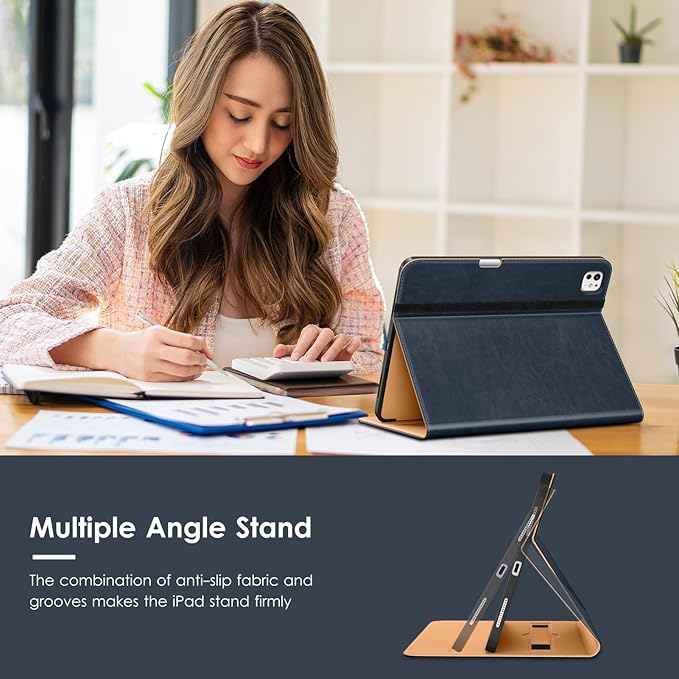 VIKESI Case for iPad Pro 13-inch M5 or M4 Released in 2025 or 2024, Leather Stand Cover with Apple Pencil Holder, Auto Wake/Sleep, Multiple Viewing Angles, Built in Hand Strap & Pocket,Blue