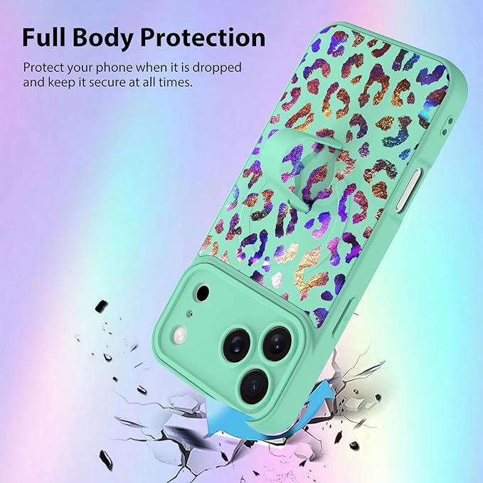 KANGHAR Compatible with iPhone 17 Pro Case, Support for MagSafe, Silicone Cute Iridescent Leopard Cheetah Pattern, Wristband Kickstand Shockproof Protective Slim Cover for Women Girls, Green