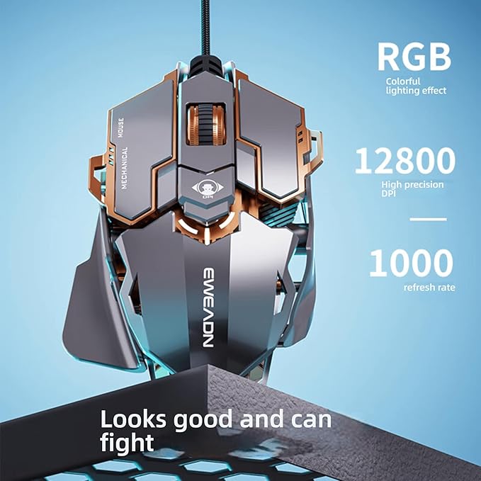 Professional Gaming Mouse, 12800 DPI Optical Sensor, RGB Lighting, Aluminum Chassis, Golden Gray, with Macro Programming and Retractable Wing
