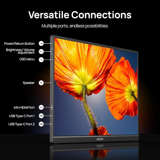 ARZOPA 16" 2.5K Portable Monitor, 2560x1600 QHD IPS Display 123% sRGB with Built-in Stand USB-C HDMI Eye Care External Second Screen for Mac Laptop Phone PS4/5 Xbox Switch -Z1RC