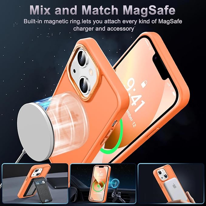 Newfuture Designed for iPhone 13 Case & iPhone 14 Case with Magnetic [13 FT Military Drop Protection] [Compatible with Magsafe] Slim Translucent Shockproof with Anti-Fingerprint Phone Case, Orange