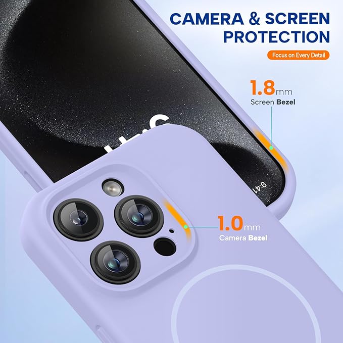 Miracase Magnetic for iPhone 15 Pro Case, [Soft Anti-Scratch Microfiber Lining], Magnetic for MagSafe, Liquid Silicone Shockproof Drop Protection Phone Case for 15 Pro, Light Purple