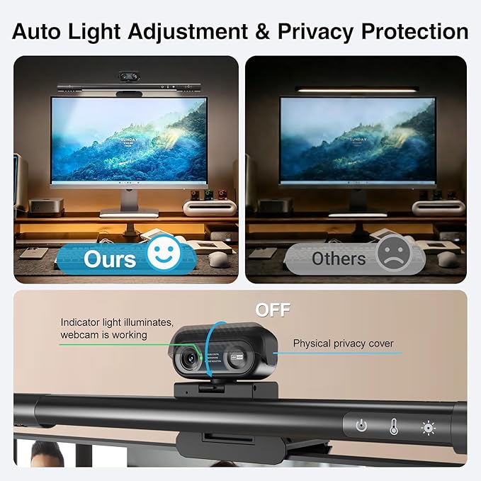 4-in-1 4K Webcam with Microphone and Speaker, Noise Cancellation, Privacy Cover, Auto Light Correction, 90° FOV , Plug & Play USB Camera with Monitor Light Bar, Webcam for PC/Meeting/Online Video