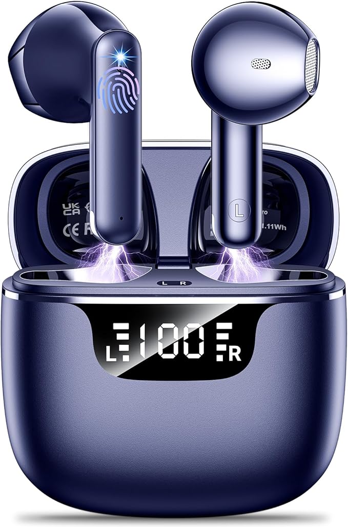 Wireless Earbuds, Bluetooth 5.4 Headphones with 42H Ultralight Ear Buds, Bluetooth Earbuds with 4 ENC Noise Cancelling Mics, HiFi Deep Bass Dual LED Display USB-C, IPX6 Waterproof Earphones Blue