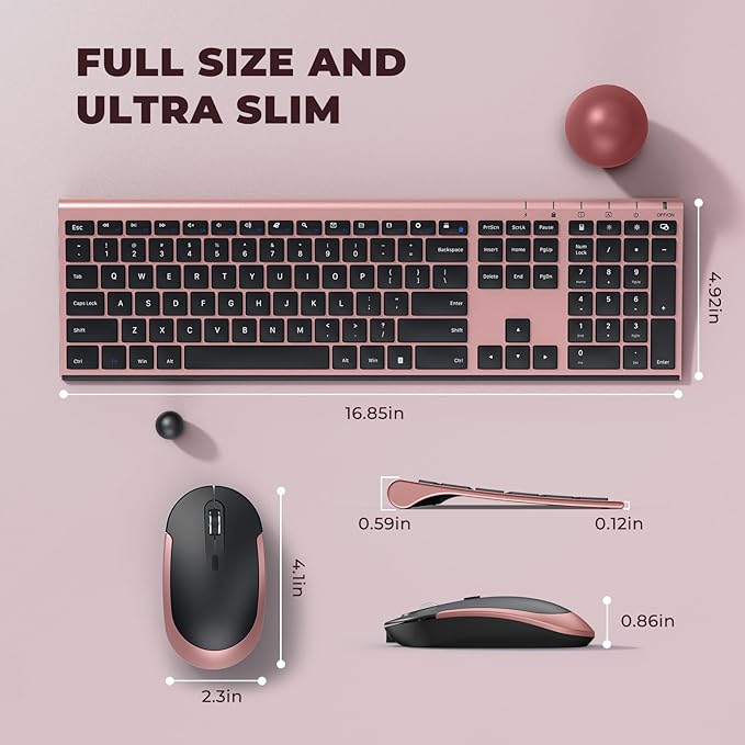 Wireless Keyboard and Mouse, Vssoplor Rechargeable Quiet Full-Size Keyboard and Mouse Combo Set Ultra Slim Design for Laptop, PC, Notebook, Desktop-Black and Rose Gold