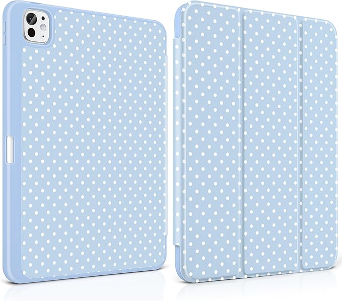 MEEgoodo Case for M5 iPad Pro 11 inch 2025/M4 iPad Pro 11 inch Case 2024, Tablet Cover with Trifold Stand & Pencil Holder & Auto Wake/Sleep & Soft TPU Back Cover, White Polka Dot & Blue