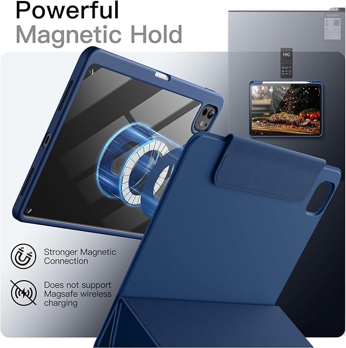 JETech Magnetic Detachable Case for iPad Pro 11-Inch M5/M4 (2025/2024) with Pencil Holder, Removable Rotating Clear Cover, Portrait/Landscape Stand with Raised Screen View (Navy)