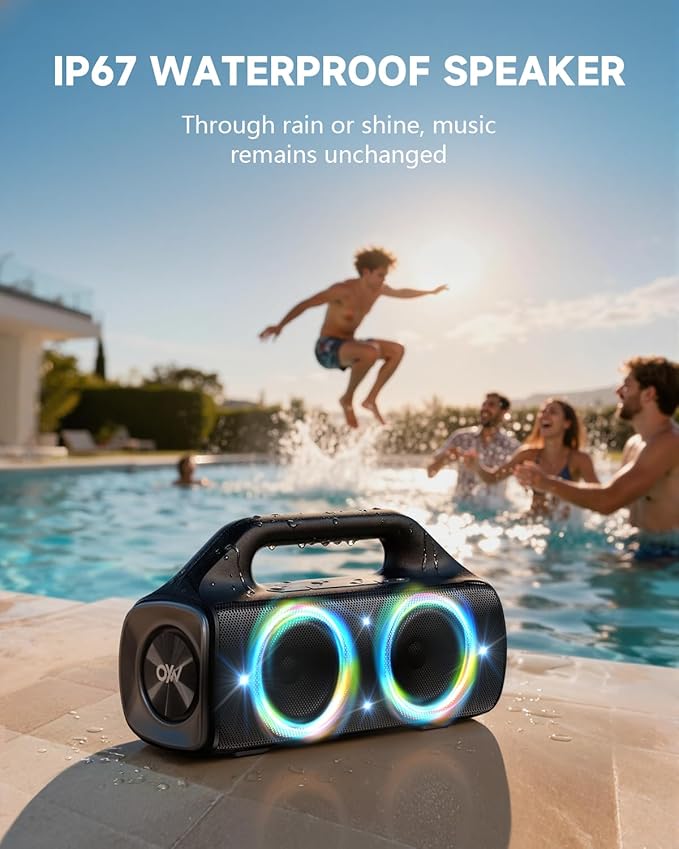 IPX67 Waterproof Bluetooth Speaker:80W(Peak) Loud Outdoor Portable Wireless Party Speakers with LED Lights,20H Playtime,Bluetooth 5.3,Deep Bass & TWS for Pool,Beach